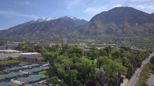 Rising aerial view over Provo towards BYU