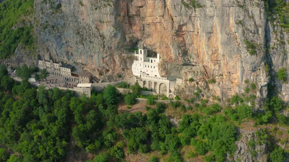 Aerial view on Ostrog monastery in rocky montain is the most popular pilgrimage place in Montenegro