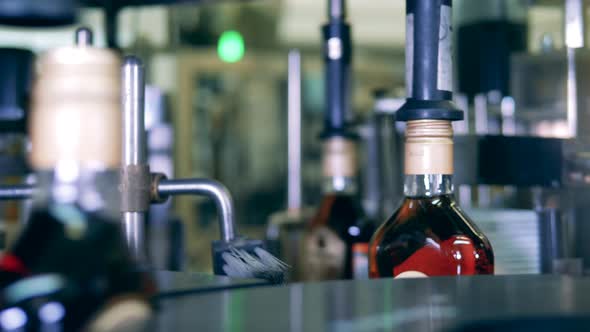 Labeled Liquor Bottles Are Moving Round the Conveyor