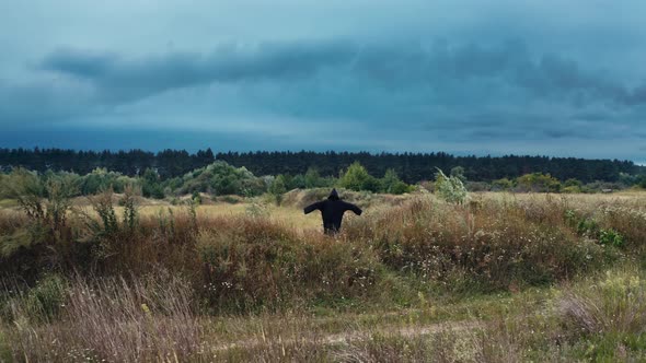 Ghost walking in field. Skinned ghost in dark cloak standing in rural landscape