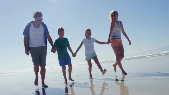 Family holding hands while walking on shore at beach