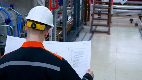 Rear View of an Engineer in a White Hard Hat Looking at a Blueprint at an Industrial Facility in an