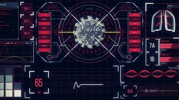 Animation of macro coronavirus Covid-19 cell analyzed on a screen with medical information