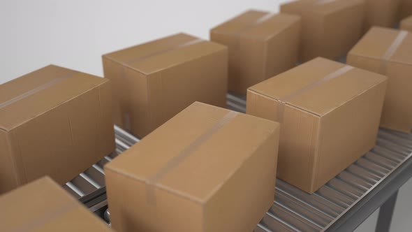 Cardboard boxes on conveyor belt line isolated on white grey background