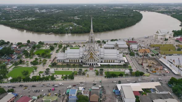 Aerial view of Wat Sothon Wararam or Temple of Dignity, Mueang Cha Choeng Sao District