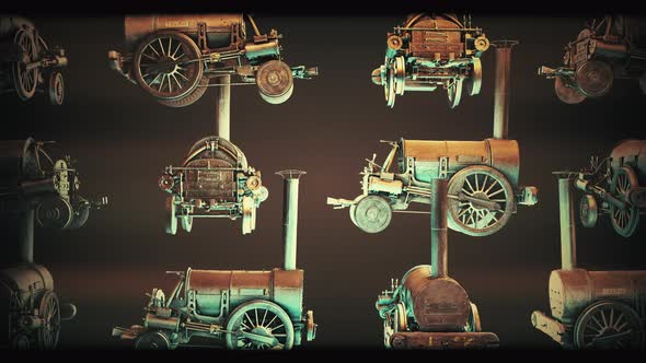Creative Animation Of Historic Steam Locomotive Rotating On Brown Background