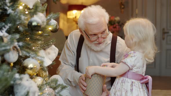 Little Girl Opening Christmas Gift from Grandfather