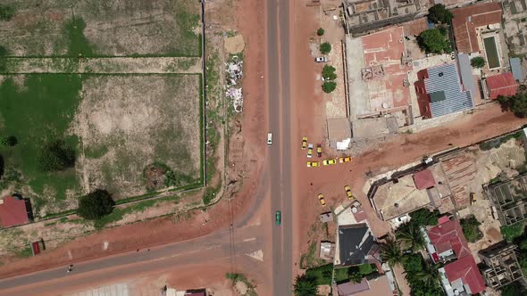 Aerial view over Kololi Road and Manjai football field in Serrekunda The Gambia Africa