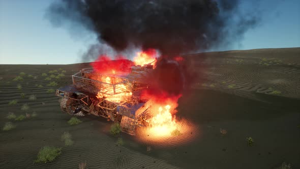 Burned Tank in the Desert at Sunset