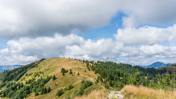 Clouds above Green Forest Nature Mountain in Sunny Landscape