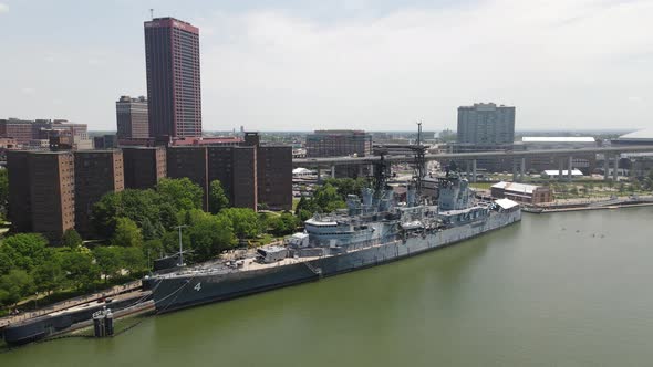 USS The Sullvan's destroyer in Buffalo, New York drone video pulling away.