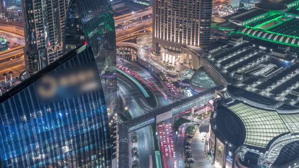 Dubai Downtown Street with Busy Traffic and Skyscrapers Around Timelapse