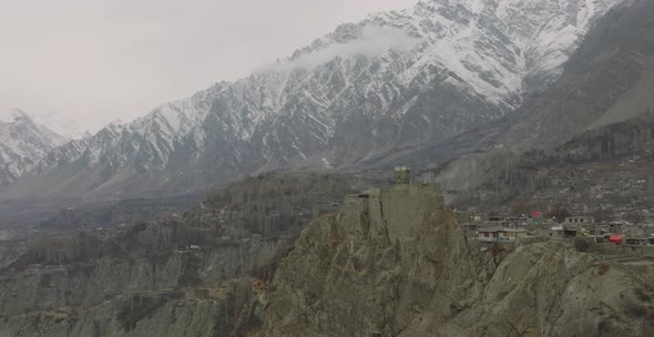 Aerial Dolly Zoom View Altit Fort Atop Hillside In Hunza Valley. Dolly