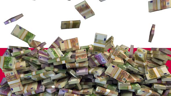 Euro Banknotes falling in front of flag of Poland