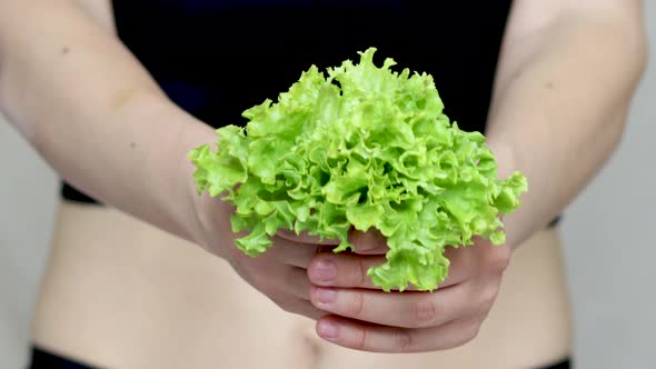 weight loss and healthy nutrition concept. fit woman is holding in hand green lettuce salad leaves. 