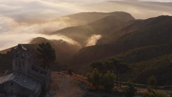 Drone Over Ruins Of Sant Pere De Rodes At Dawn