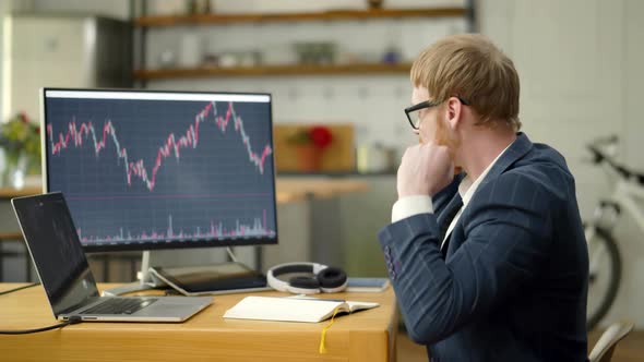 Stock Market Broker Working On Computer And Celebrating With Analysing Graphs On Screen