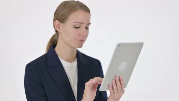 Young Businesswoman Using Digital Tablet on White Background