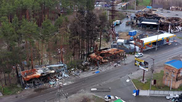 Aerial view of the destroyed and burnt houses.