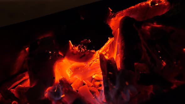 Coals of Wood Are Glowing Red with Fire. Fires in Forests. Close-up