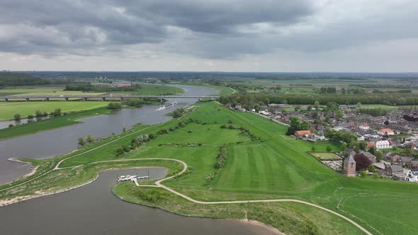 Heteren Village on the River Lower Rhine in the Dutch Province of Gelderland Aerial Drone View of