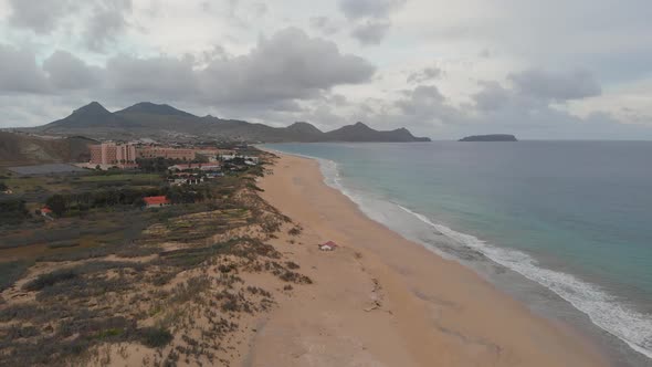 Aerial panoramic view of Matadouro beach in Portugal daytime