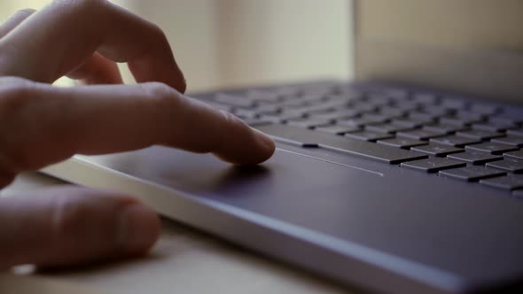 Hand Typing On Keyboard And Using Laptop Touchpad. Businessman Graphic Designer Working Laptop.