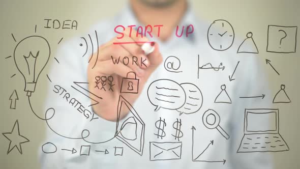 Start Up, Businessman Writing on Transparent Screen