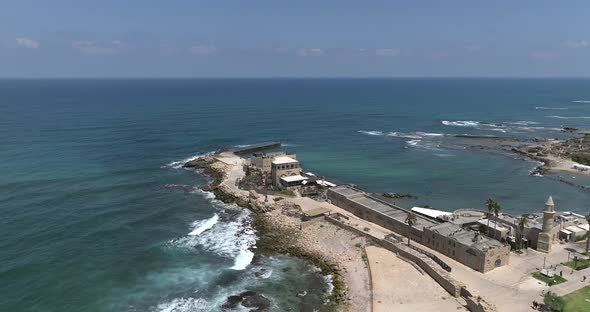 Caesarea ancient port, built by Herod the great, Aerial view.