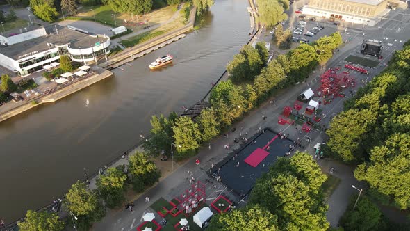 drone shot of car free avenue in tartu, next to emajõgi river, autovabaduse puiestee