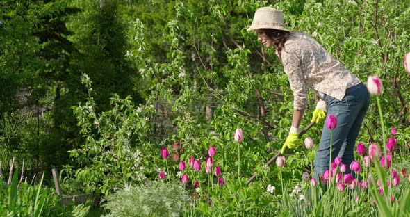 Young Beautiful Girl in Hat, Works in the Garden, Cares for Flowers. Woman Farmer Works at Cottage