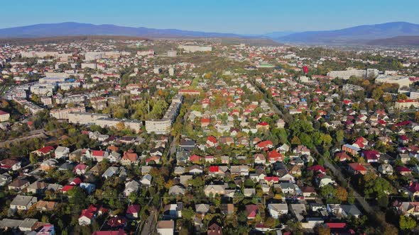 Aerial Top Down Drone View on Uzhhorod Town with Narrow Streets Ancient Buildings with Red Roofs