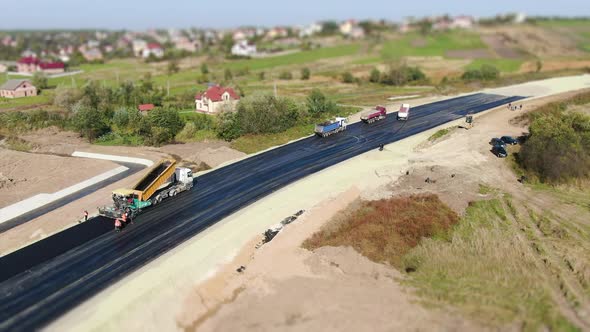 Aerial View Making New Asphalt at Road Construction