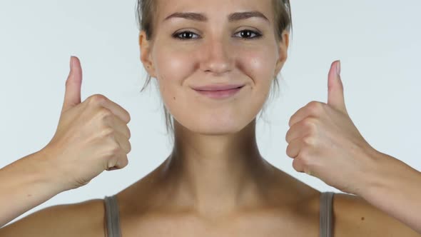 Thumbs Up, Close up of Successful Beautiful Girl, White Background