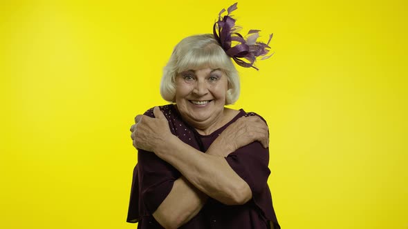 Kind-hearted Senior Woman Showing Beckoning Gesture, Embracing. Elderly Stylish Grandma Wants To Hug
