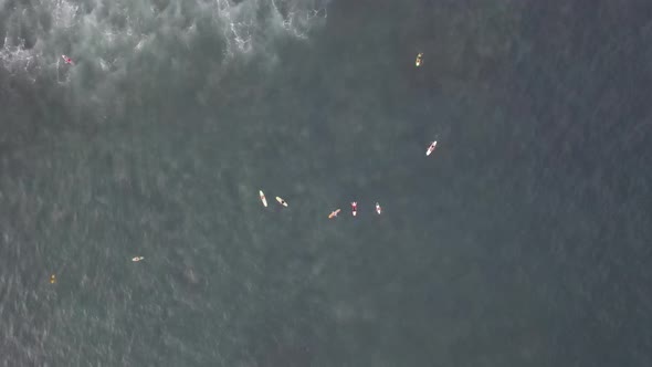 Aerial top down view of enjoy with surfing in the ocean in Bali, Indonesia