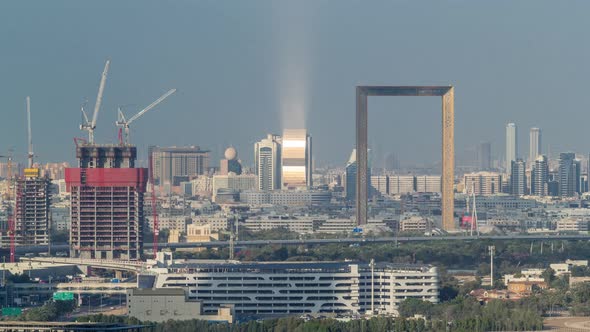 Skyline View of Deira and Sharjah Districts in Dubai Timelapse Before Sunset UAE