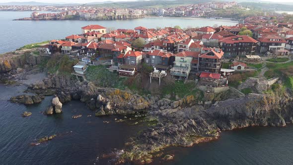 View From a Height of the City of Sozopol with Houses and Boats Near the Black Sea