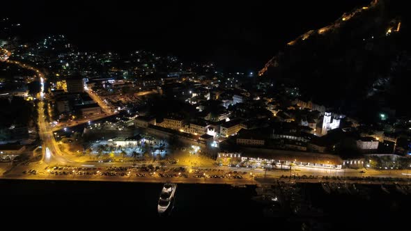 Aerial Night View of Old Town Kotor, Montenegro