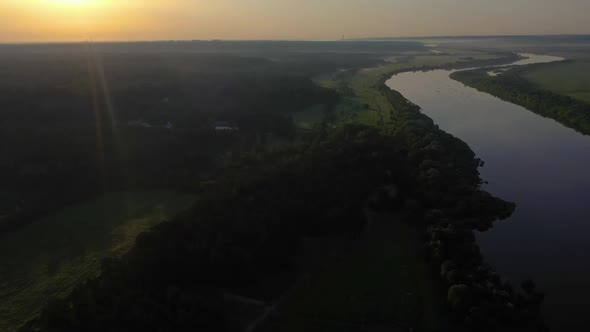 Oka River, Meadow and Forest at Sunrise in Summer, Russia, Aerial View