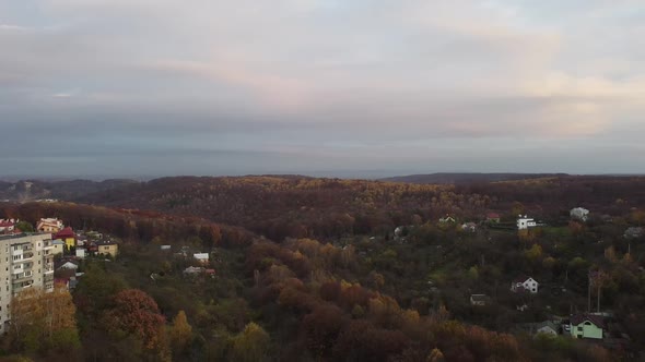 Aerial view of a drone flying over the buildings.