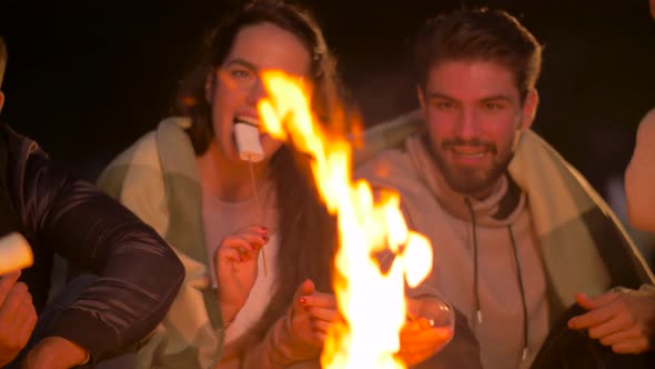 Friends Roasting Marshmallow on Fire at Night Camp