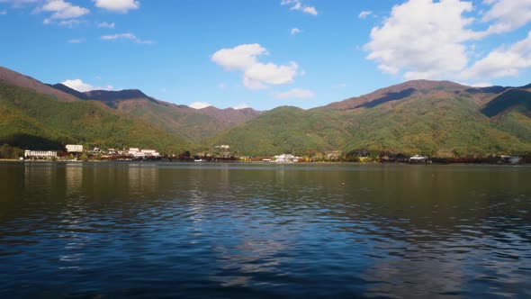 Footage taken from a boat on Lake Kawaguchi in Japan in autumn