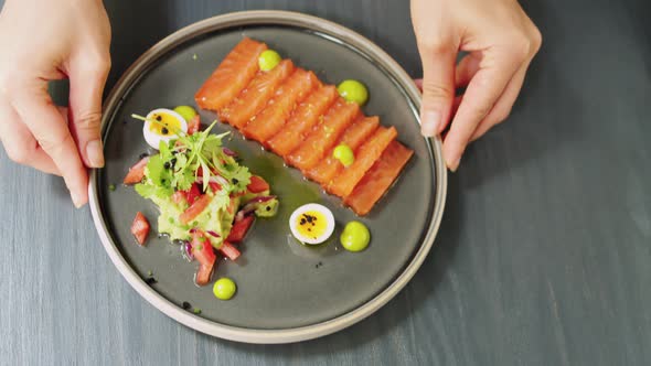 Salmon Raw Sashimi Japanese Traditional Dish on Table