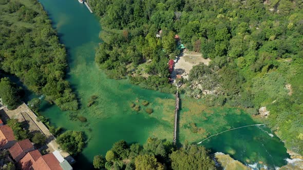 Aerial top down view over Croatian waterfalls