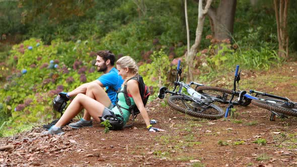 Couple interacting while relaxing in forest