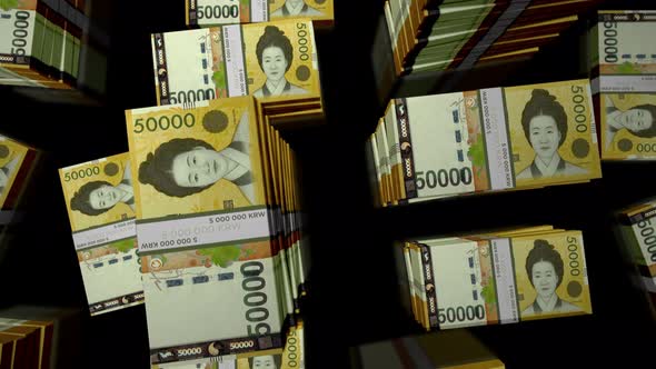 Flight over the South Korea Won money banknote packs loop