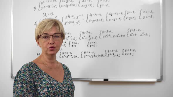 Concentrated Aged Woman Teacher in Glasses is Explaining Material to Students