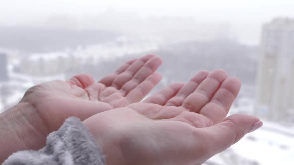 Snowflakes Falling Down on Female Hands