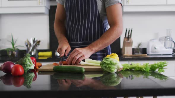 Mid section of caucasian man wearing apron chopping vegetables in the kitchen at home